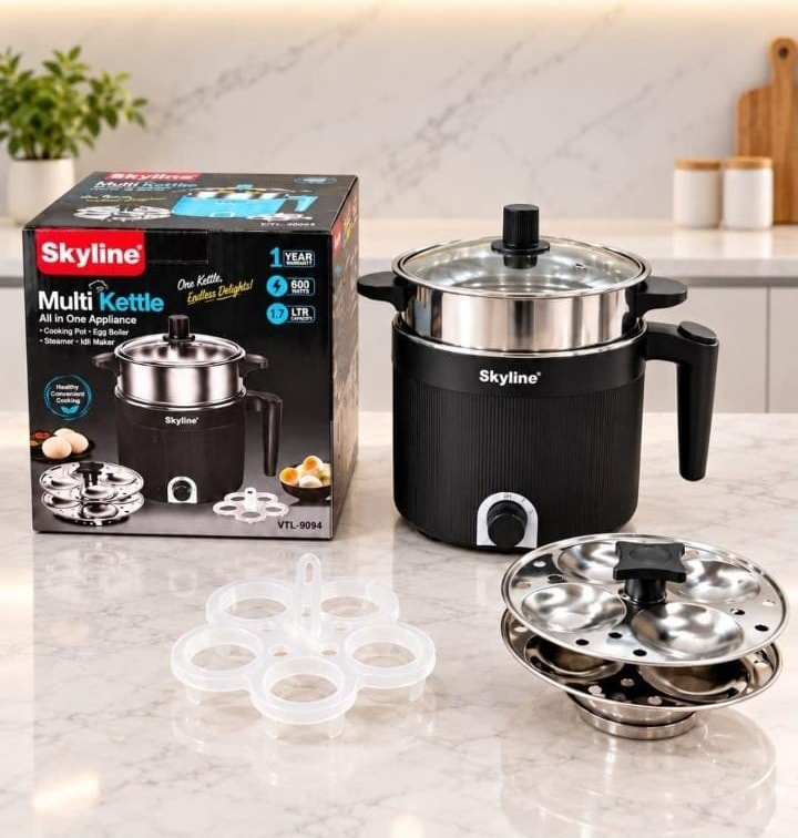 Skyline VTL-9094, pictured with steel steamer, egg tray and idli plates.