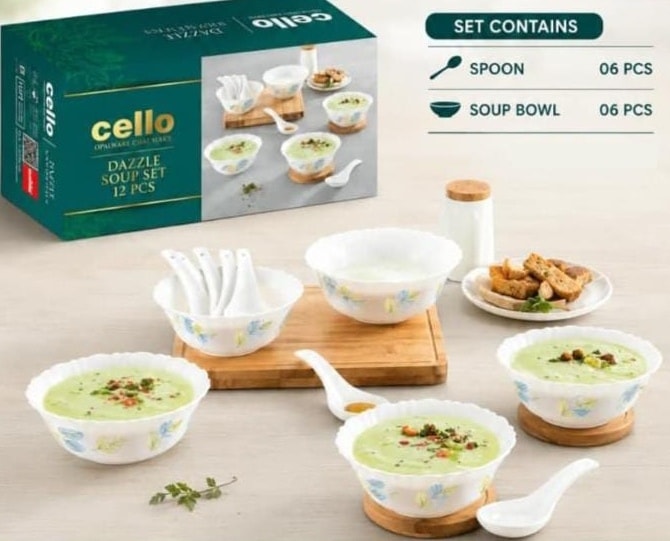 Cello set with 6 soup bowls and 6 spoons.
