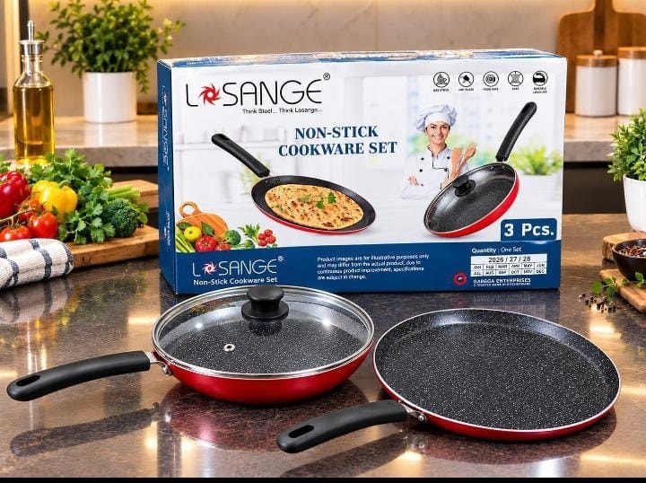 Losange red set, pictured with fry pan, lid and tawa. Box: 3 Pcs.