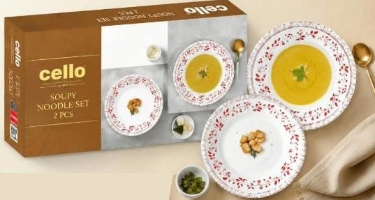Cello set with two 9-inch soup plates.