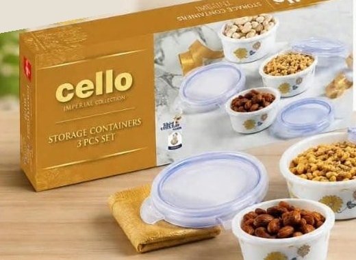 Cello Imperial small, medium and large containers with lids.