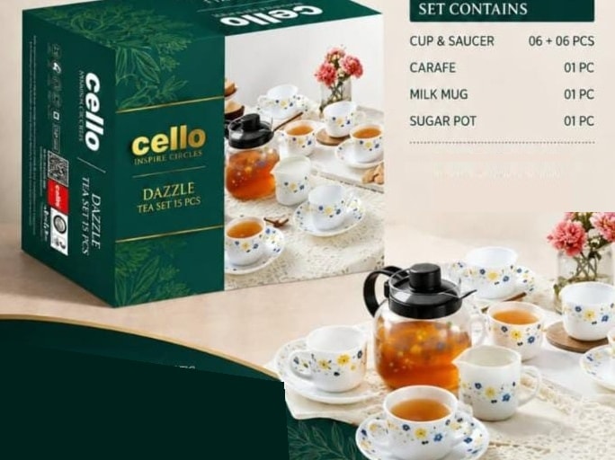 Cello Dazzle set with 6 cups, 6 saucers, carafe, milk mug and sugar pot.