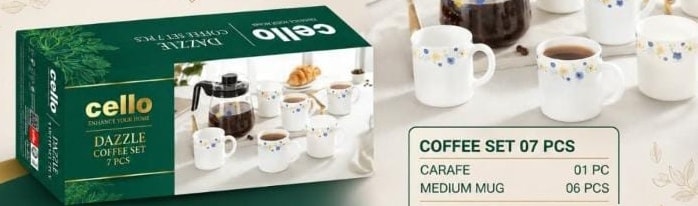 Cello set with a carafe and 6 medium mugs.