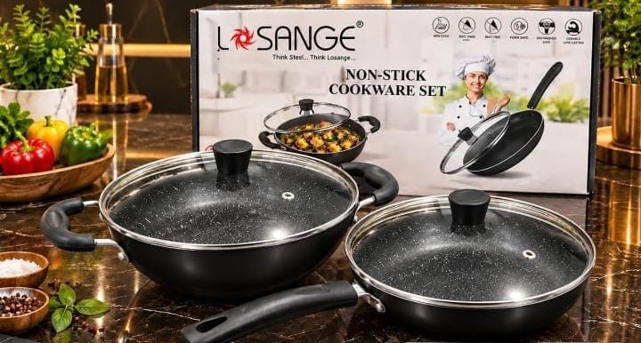 Losange black set, pictured with kadai, fry pan and two lids.