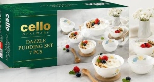 Cello pudding set, pictured with a serving bowl and individual bowls.
