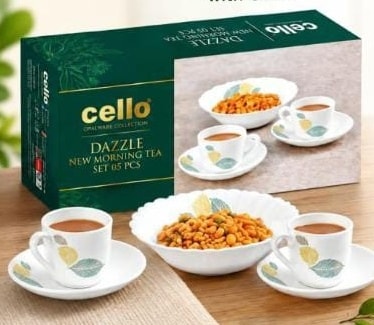 Cello set with 2 cups, 2 saucers and 1 multipurpose bowl.