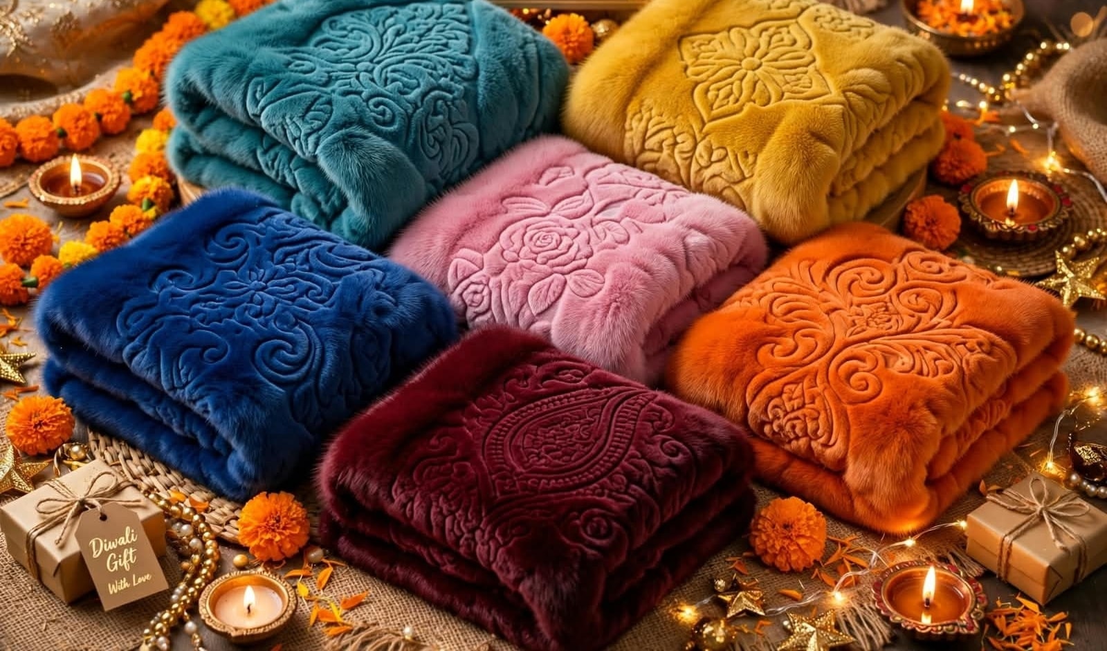 Blanket collection shown in teal, mustard, blue, pink, orange and burgundy.